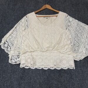 Beyond Vintage Lace Flutter Sleeve Top Womens XL Cream Excellent V-Neck Boho